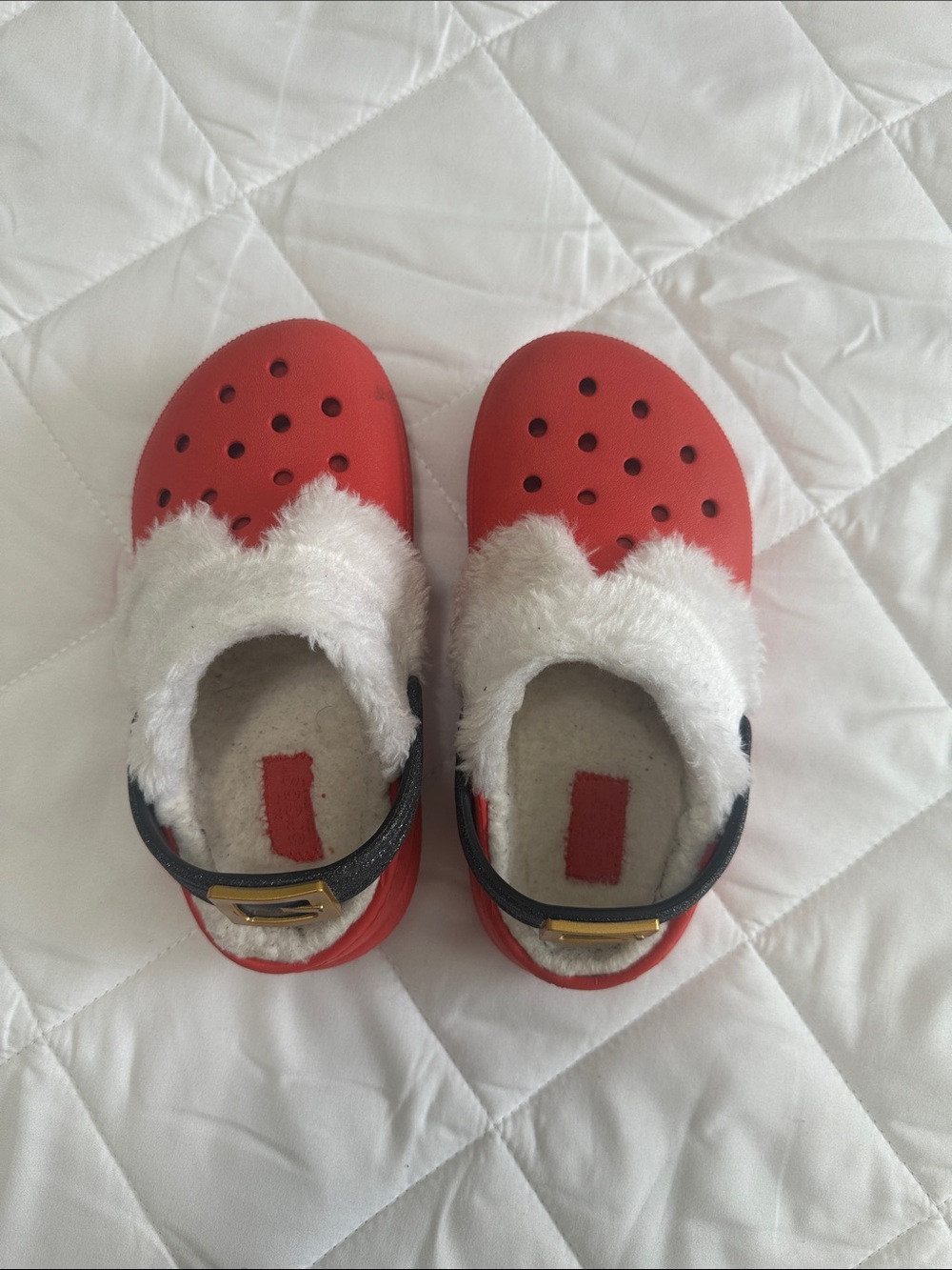 CROCS Red Kids Faux-Fur Lined Clogs with Black Strap and Gold Buckle Accent